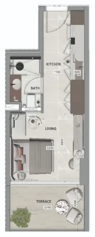 South Lofts Studio floor plan, 327 sqft