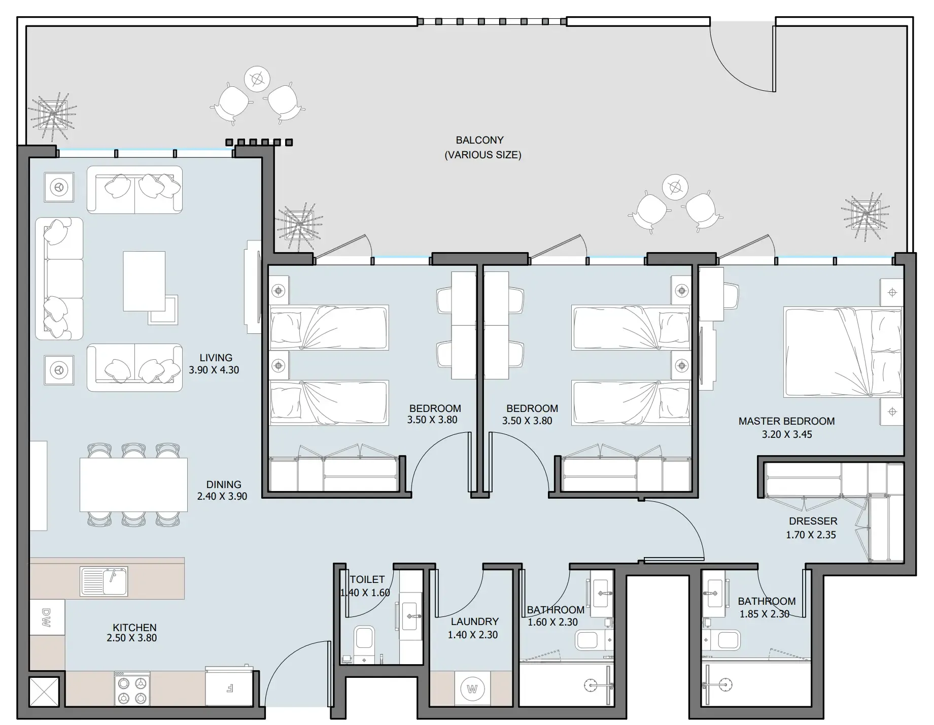 The District 3 bed floor plan, 1,431 sqft
