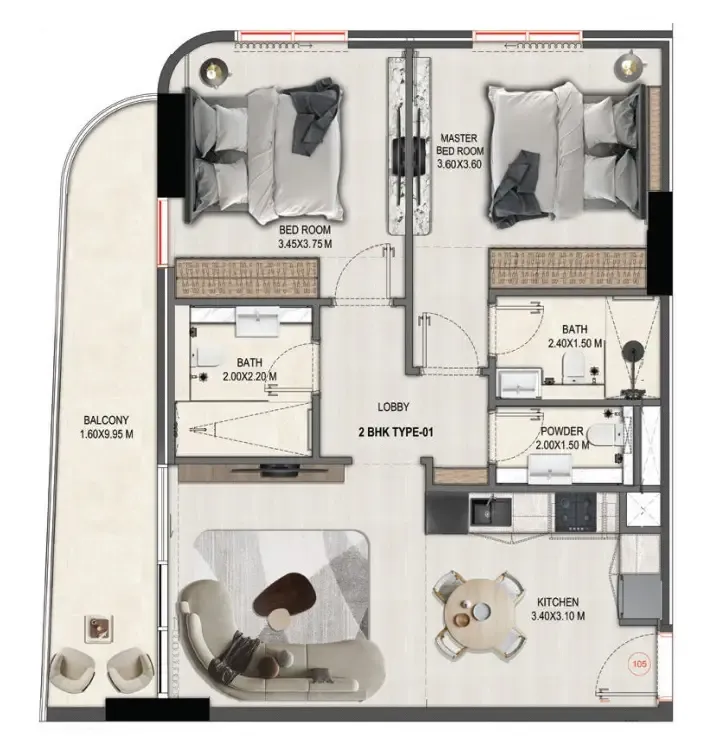 Divine Elements 2 bed floor plan, 930 sqft