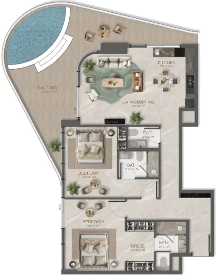 La Perla by BNW Developments 2 bed floor plan, 1,578 sqft