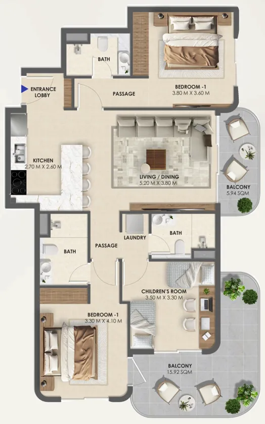Vivida Residences 3 bed floor plan, 1,266 sqft