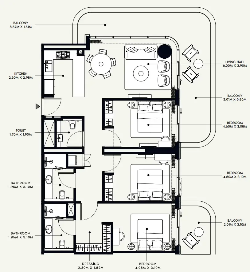 Azizi Venice 3 bed floor plan, 1,643 sqft