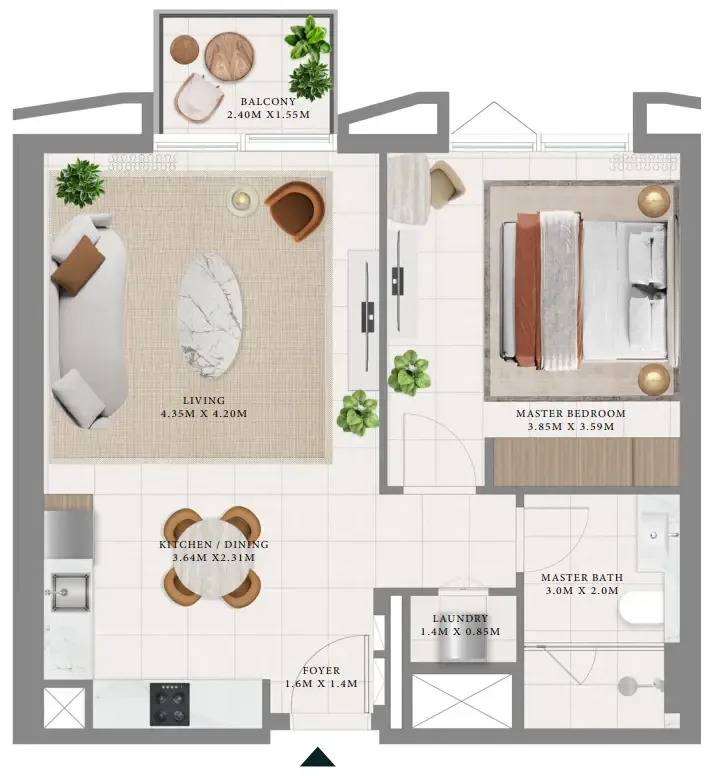 Hillsedge 1 bed floor plan, 708 – 711 sqft