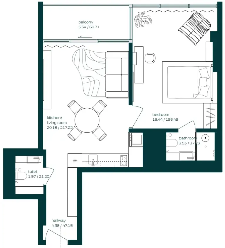 Vibe 1 bed floor plan, 655 sqft