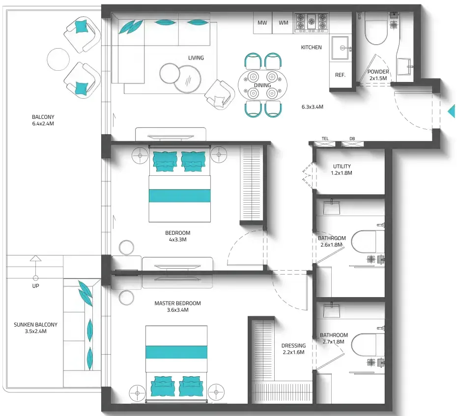 Reef 996 2 bed floor plan, 1,141 – 1,145 sqft