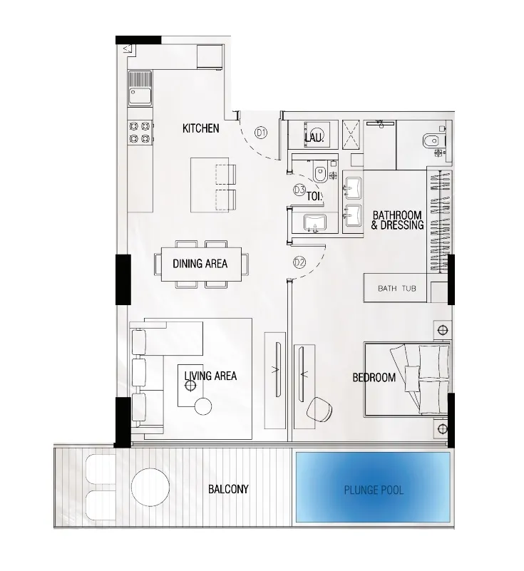 Sky Suites 1 bed floor plan, 918 sqft