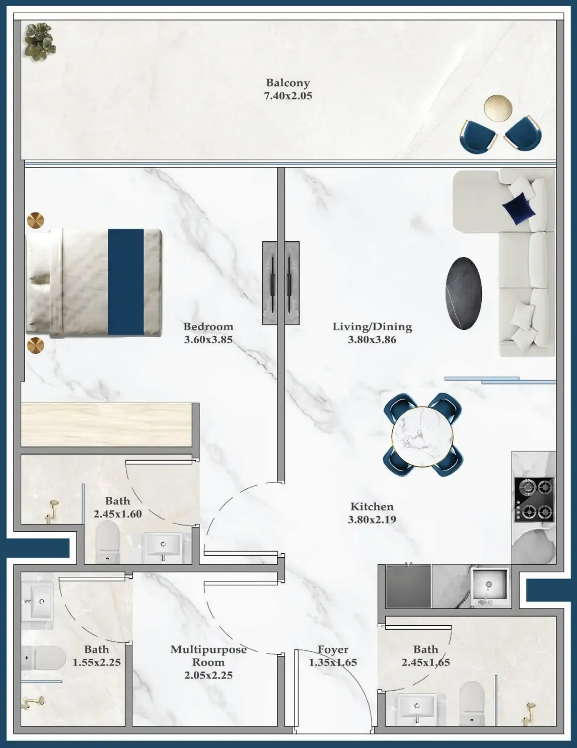 Serenz 1 bed floor plan, 769 sqft