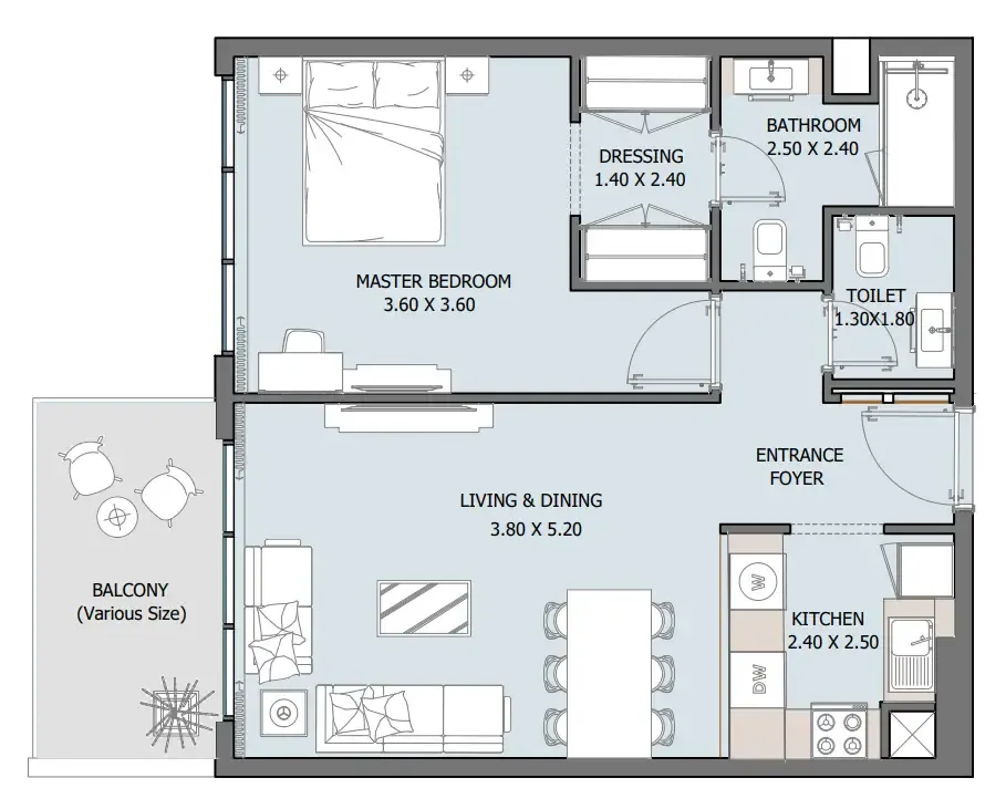 Oceana 1 bed floor plan, 728 sqft