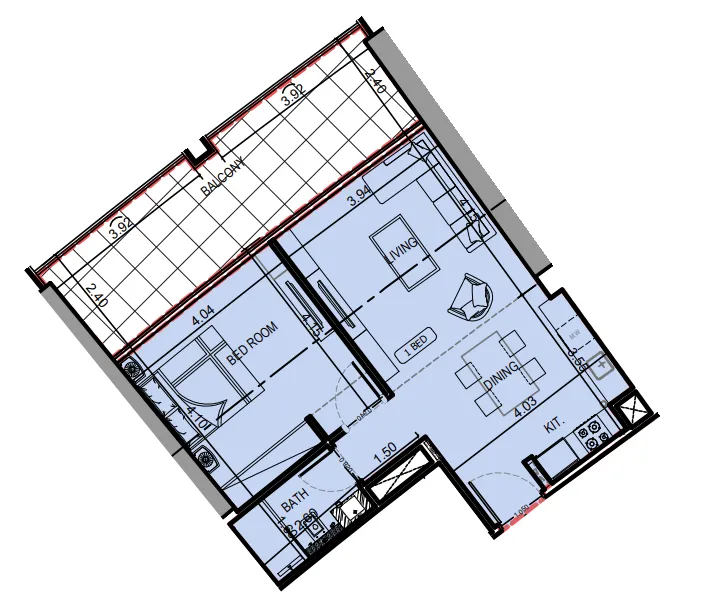 Binghatti Skyrise 1 bed floor plan, 849 sqft
