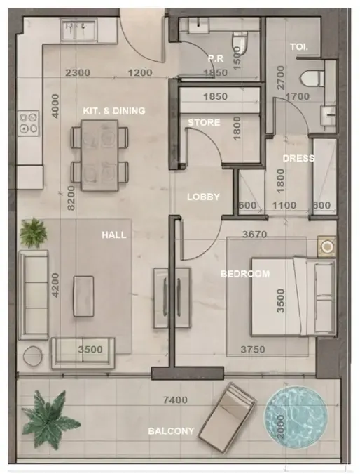 Sky Harmony 1 bed floor plan, 836 sqft