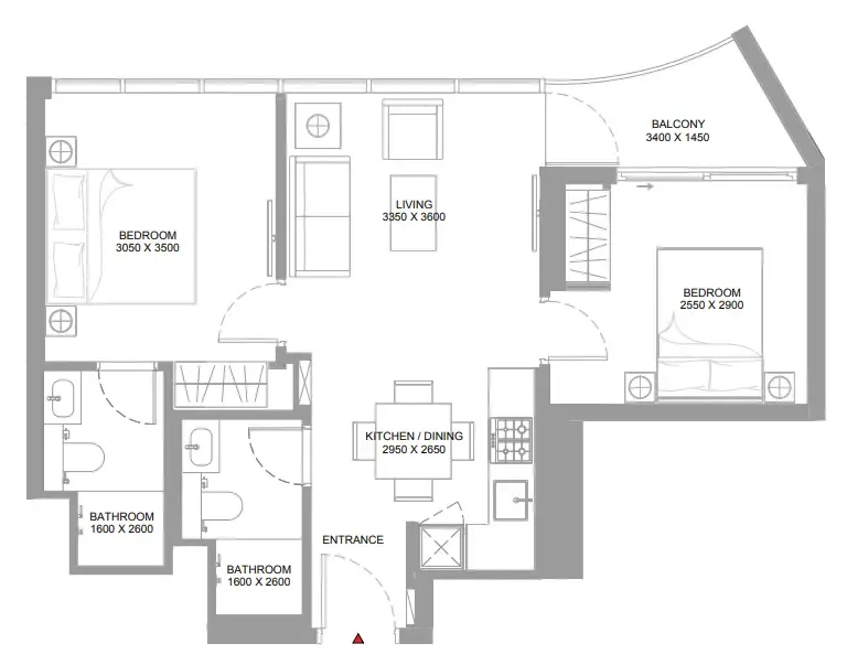 Pearlside Marina Residences 2 bed floor plan, 675 – 682 sqft