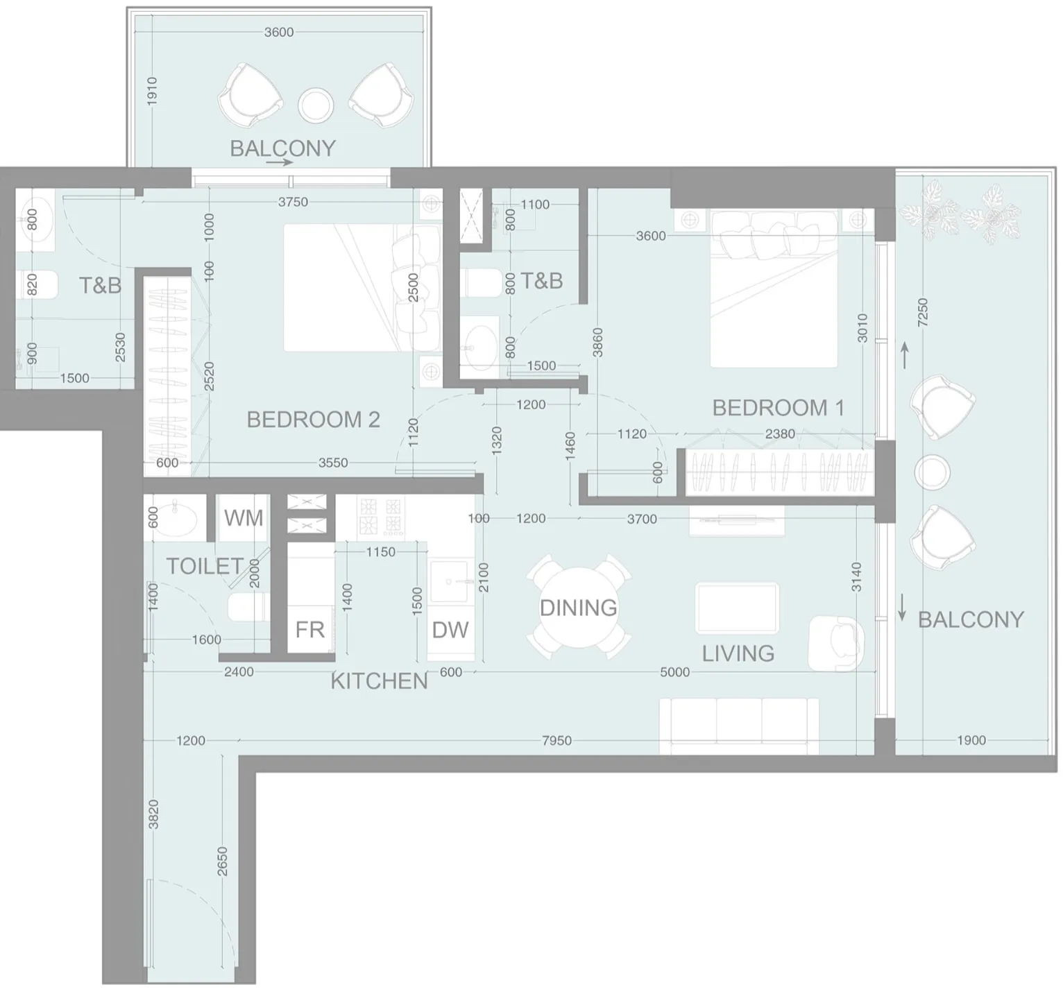 LUM1NAR 2 bed floor plan, 1,075 sqft