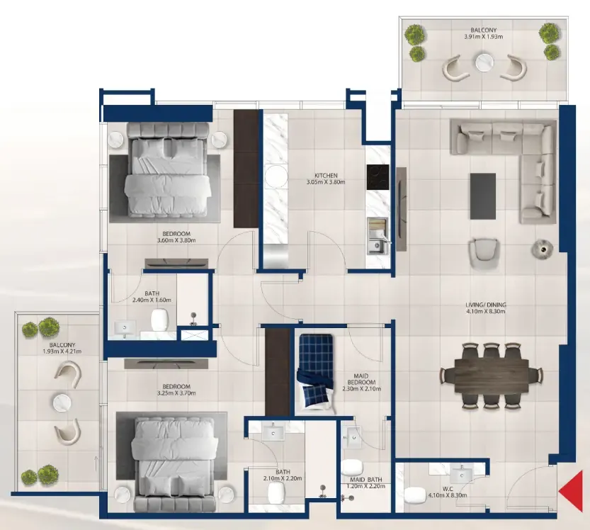 Al Vista 2 bed floor plan, 1,330 sqft