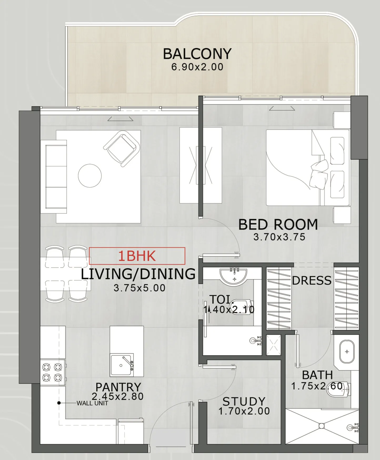 Floarea Skies 1 bed floor plan, 833 sqft