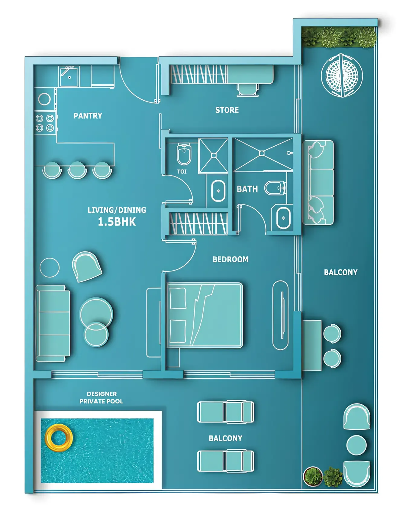 Aqua Dimore 1 bed floor plan, 1,018 sqft