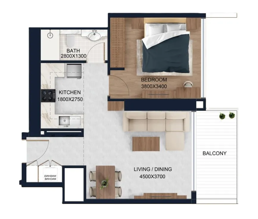 Alfal Residence 1 bed floor plan, 619 sqft