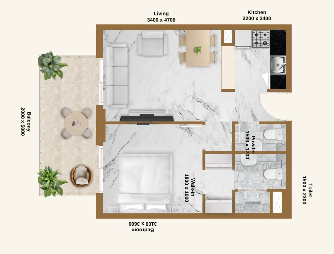 RR Residence 1 bed floor plan, 651 sqft