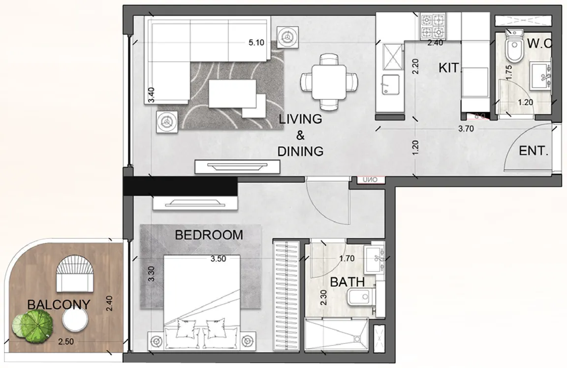Future Avenue 1 bed floor plan, 621 sqft