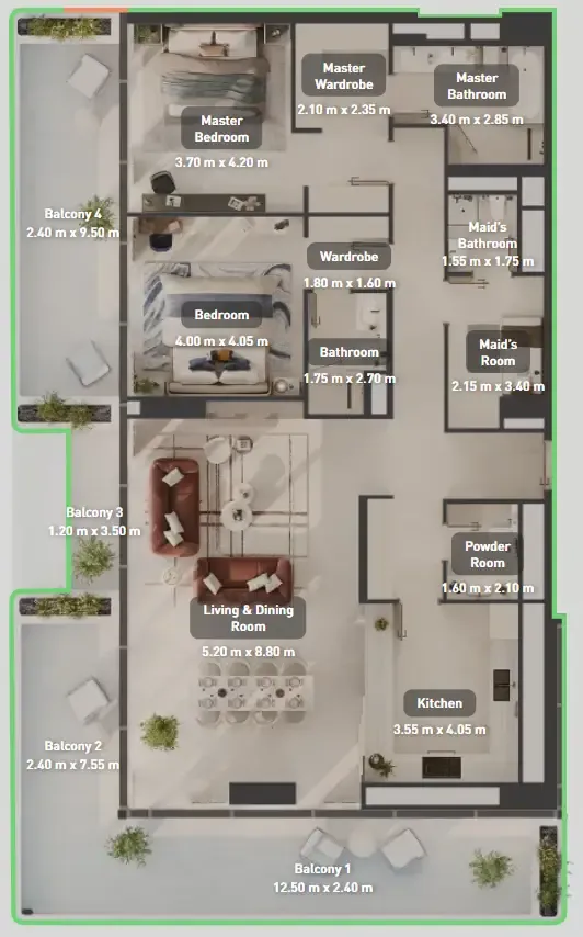 Luluat Marina at Luluat Al Raha 2 bed floor plan, 2,474 sqft