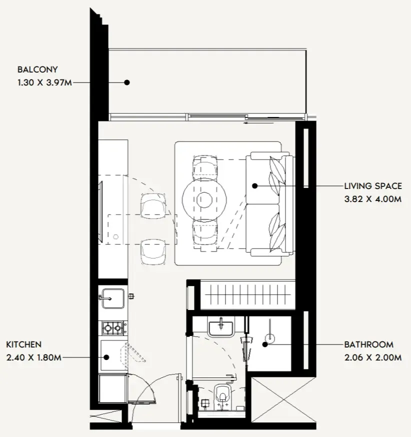 Jaddaf Beach Oasis Studio floor plan, 338 sqft