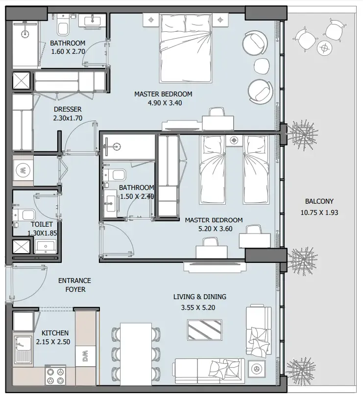 Oceana 2 bed floor plan, 1,185 sqft