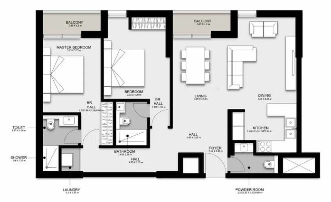 Al Mamsha Sharjah 2 bed floor plan, 1,287 sqft