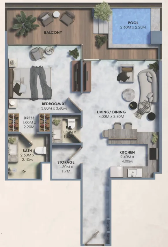 Marquis Vista 1 bed floor plan, 860 sqft