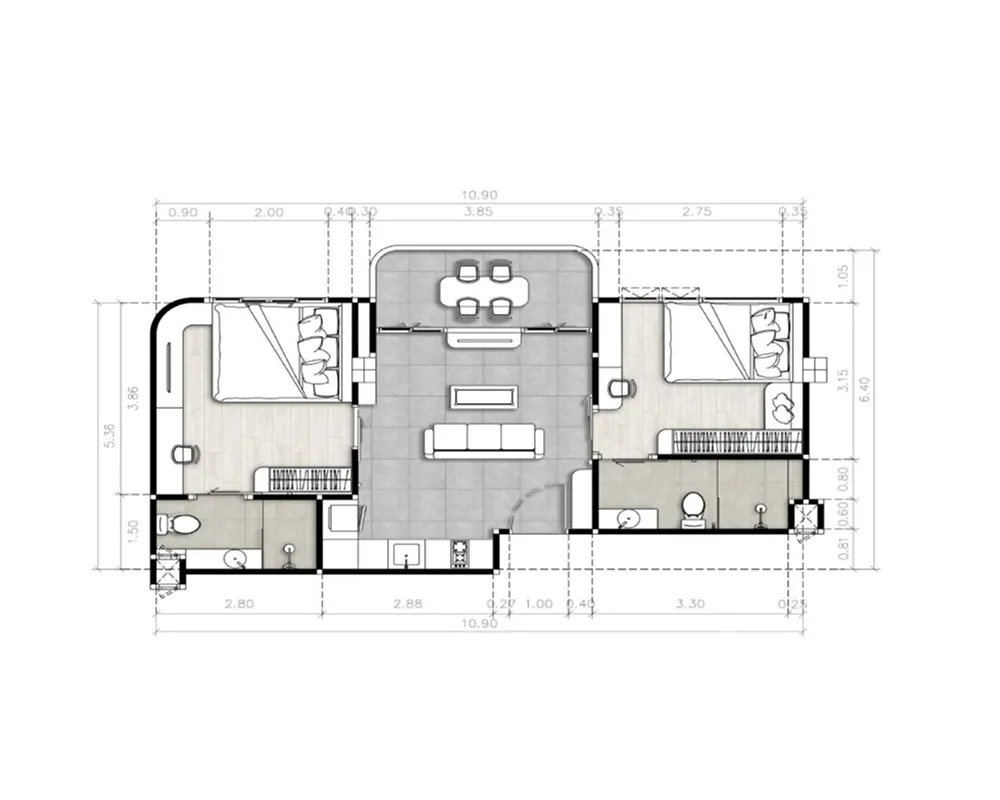 The Element 2 bed floor plan, 536 – 616 sqft