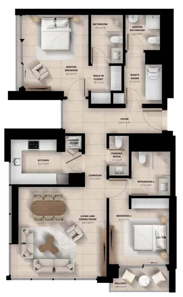 Waada Dubai South 2 bed floor plan, 1,281 sqft
