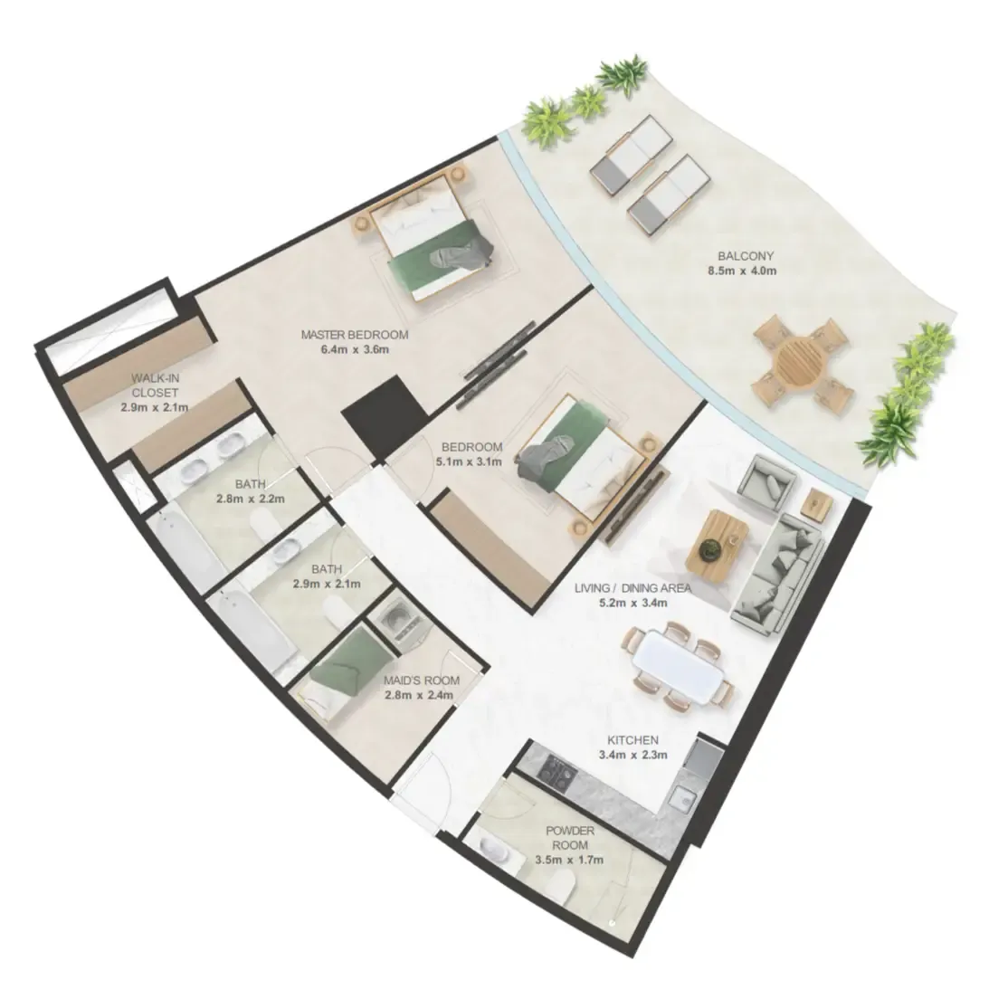Oystra 2 bed floor plan, 1,864 sqft
