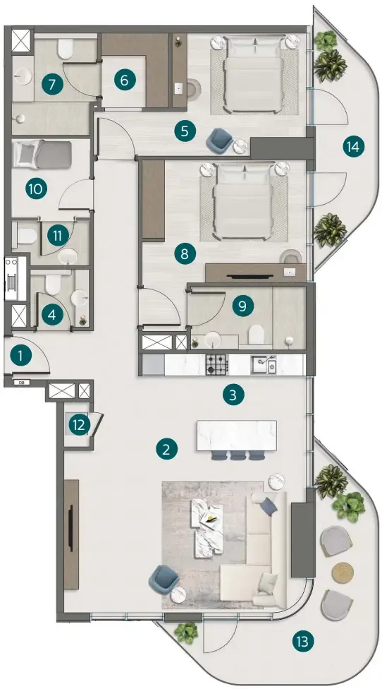 Flora Shore Beachside Residences 2 bed floor plan, 1,539 sqft