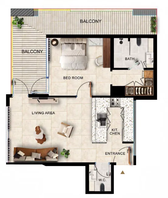 Kingdom Gate 1 bed floor plan, 968 sqft