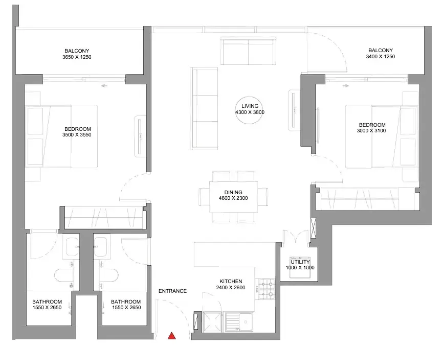 Sobha Orbis 2 bed floor plan, 1,157 sqft
