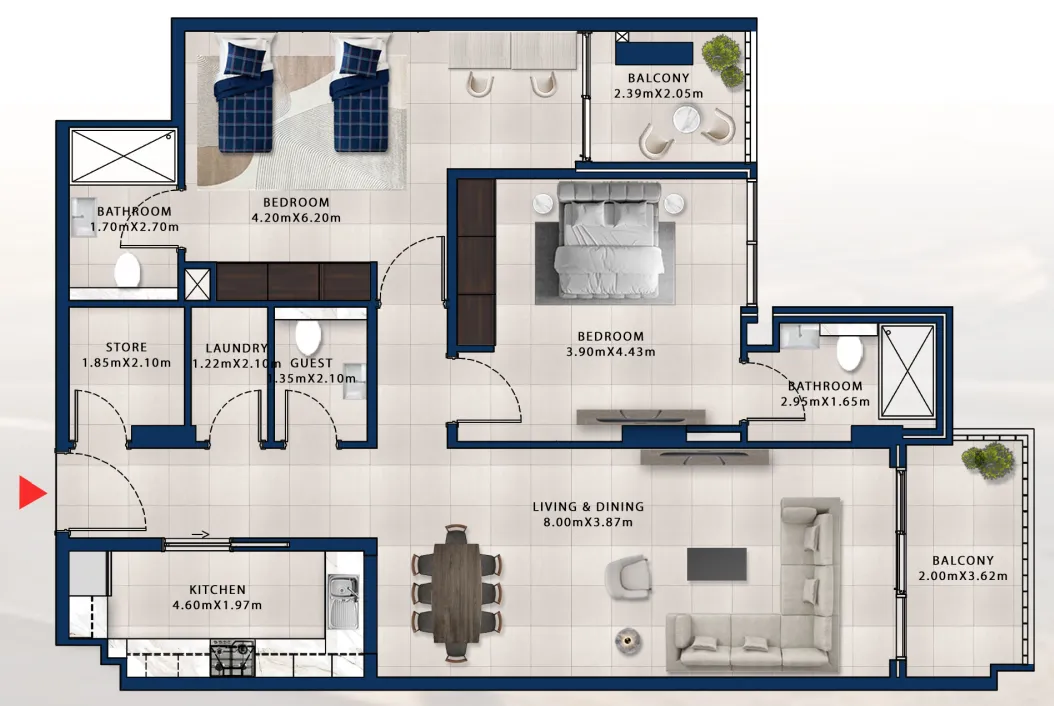 Asayel Avenue 2 bed floor plan, 1,382 sqft