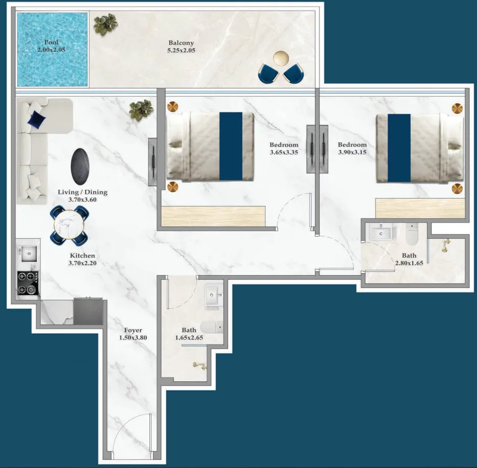 Timez 2 bed floor plan, 852 sqft