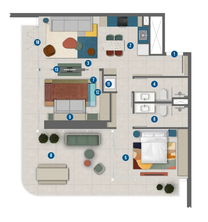 Rove Home Marasi Drive 2 bed floor plan, 1,058 sqft