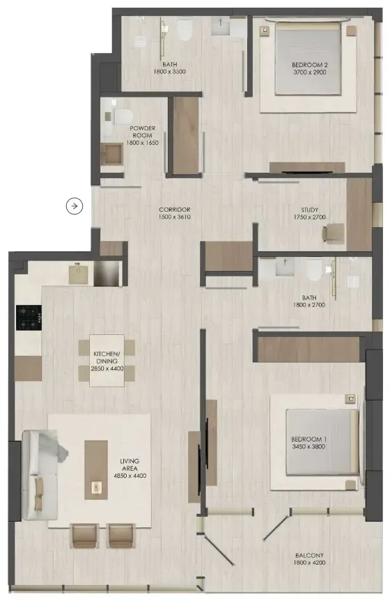 JAD 288 2 bed floor plan, 1,161 sqft