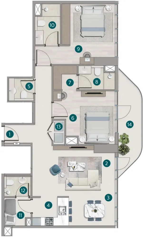 Flora Shore Beachside Residences 2 bed floor plan, 1,284 sqft