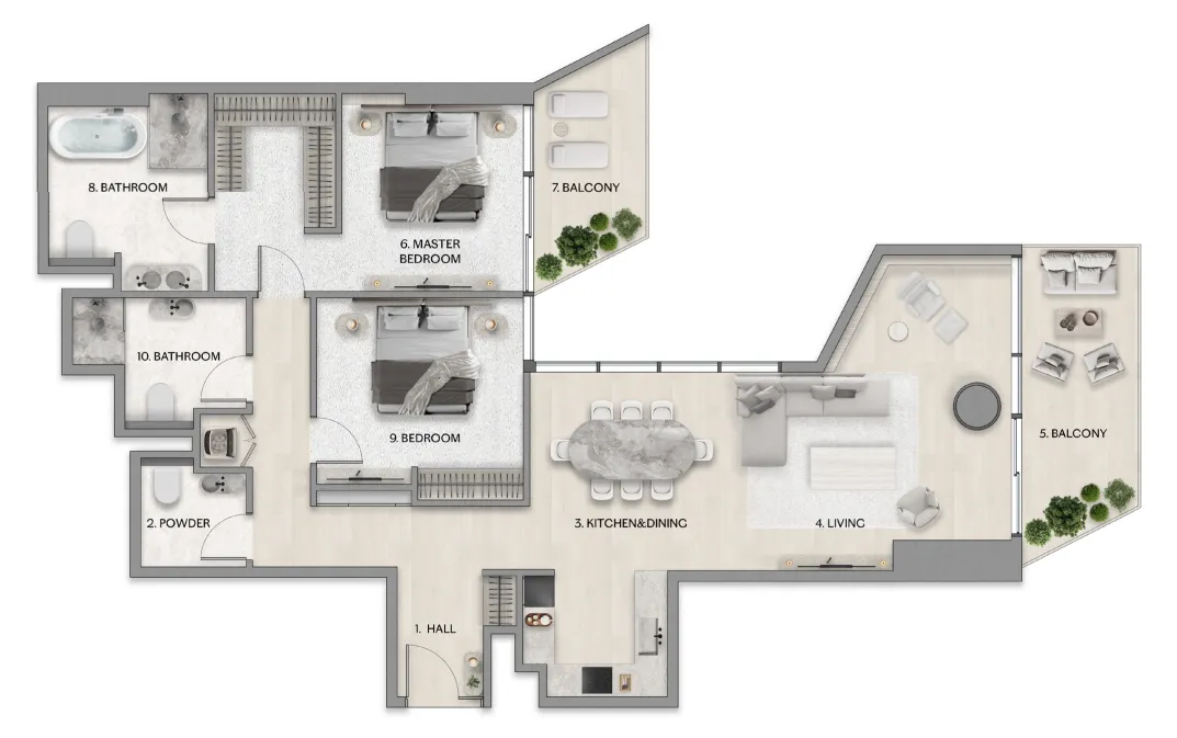 Riviera Residence 2 bed floor plan, 1,490 – 1,572 sqft