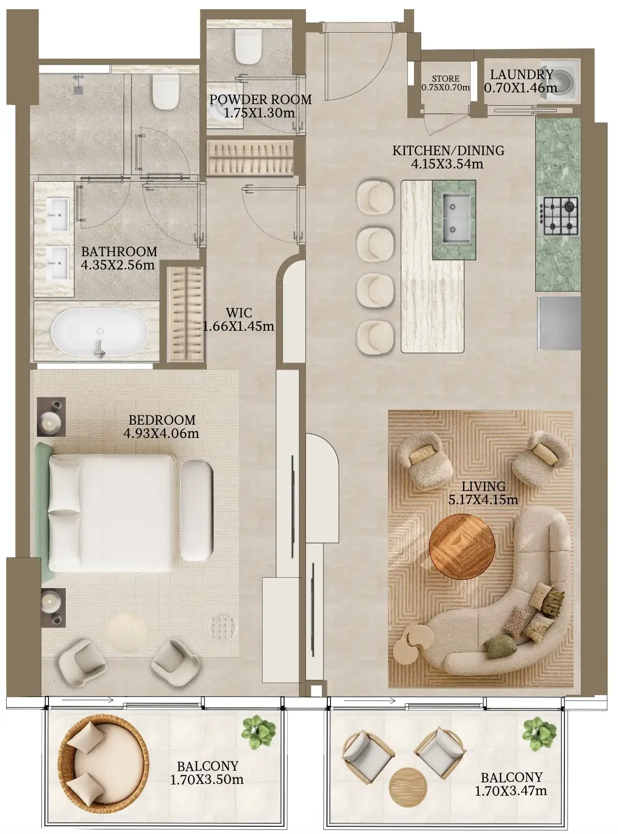 Nasim Al Bahr Residences 1 bed floor plan, 1,025 sqft