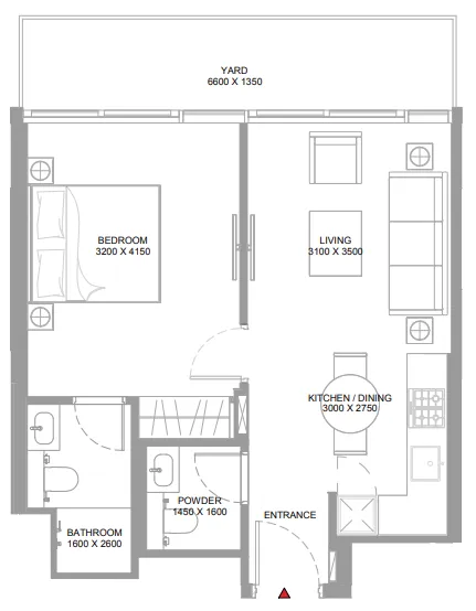 Yachtside Marina Residences 1 bed floor plan, 629 sqft
