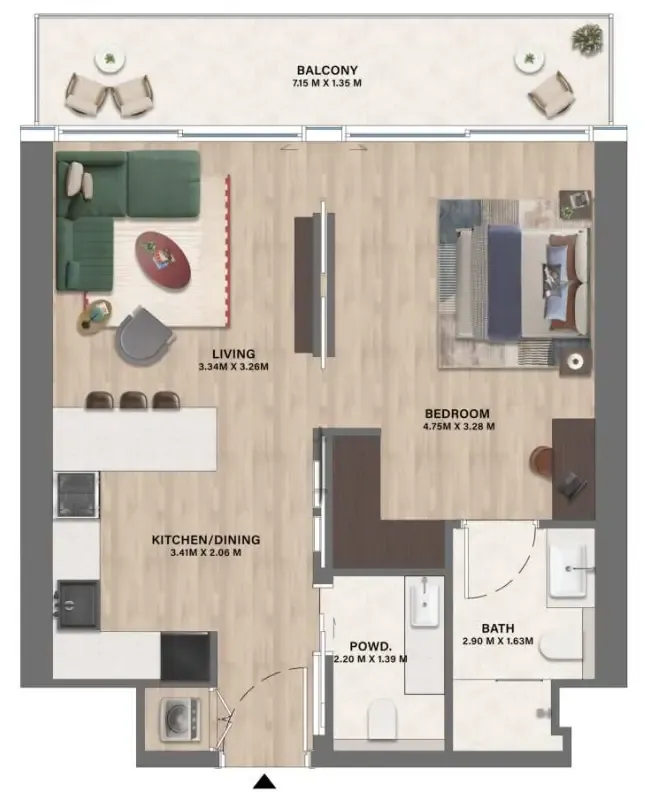 Mövenpick Residences Dubai Motor City Phase 1 1 bed floor plan, 703 sqft