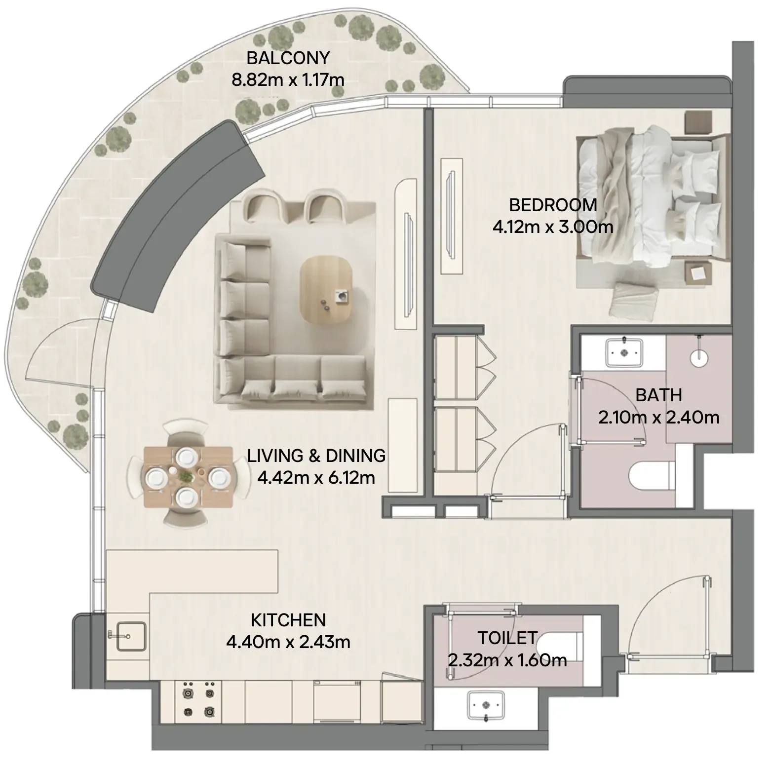 Mirasol Mina 1 bed floor plan, 890 sqft