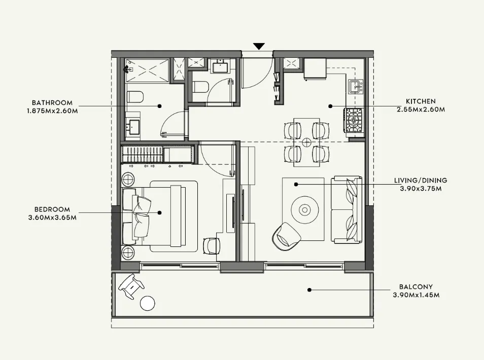 Azizi Venice 1 bed floor plan, 689 sqft