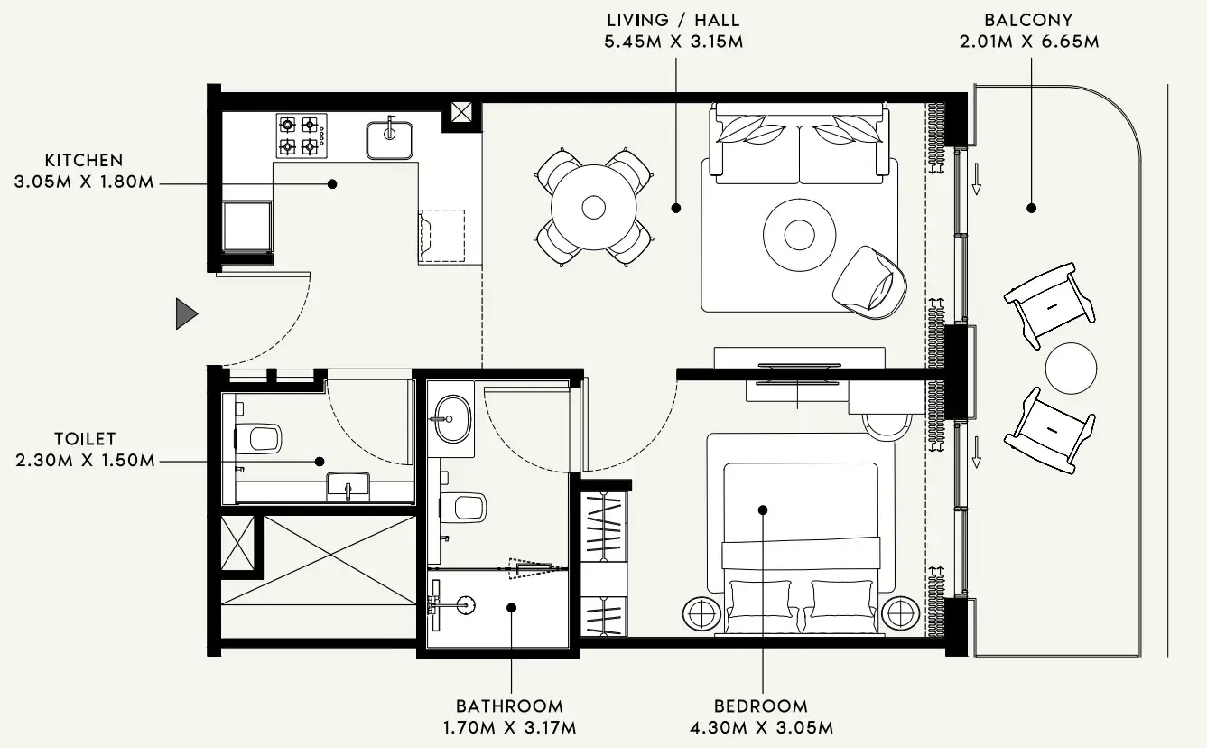Azizi Venice 1 bed floor plan, 744 sqft