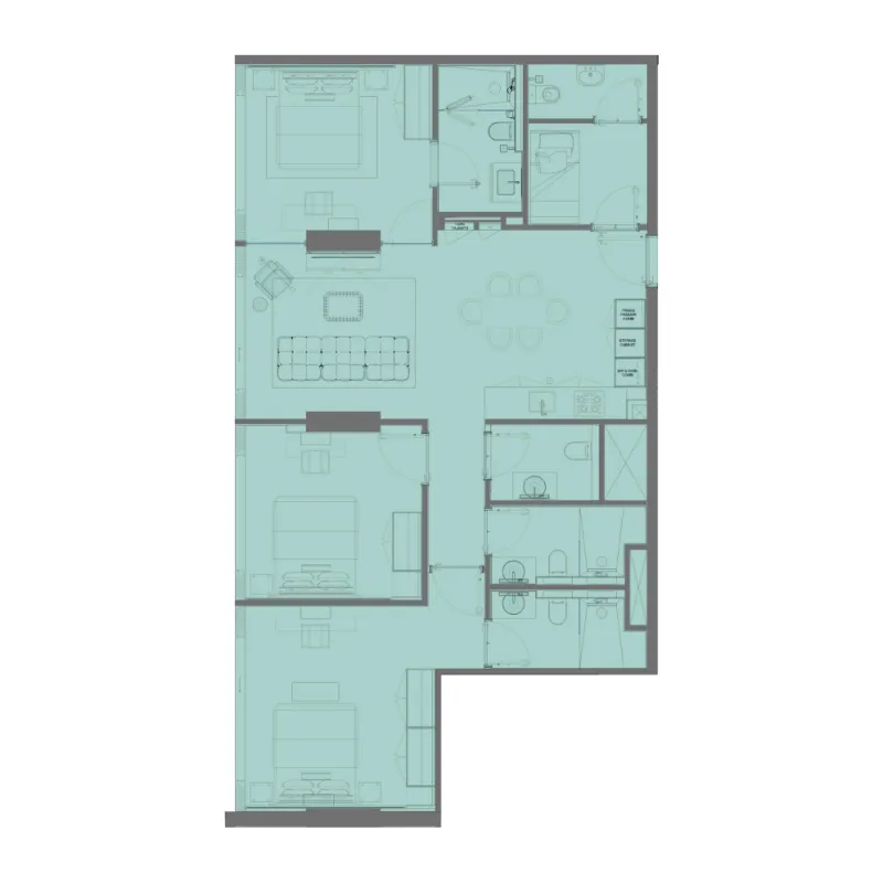 Raw District 3 bed floor plan, 1,400 sqft