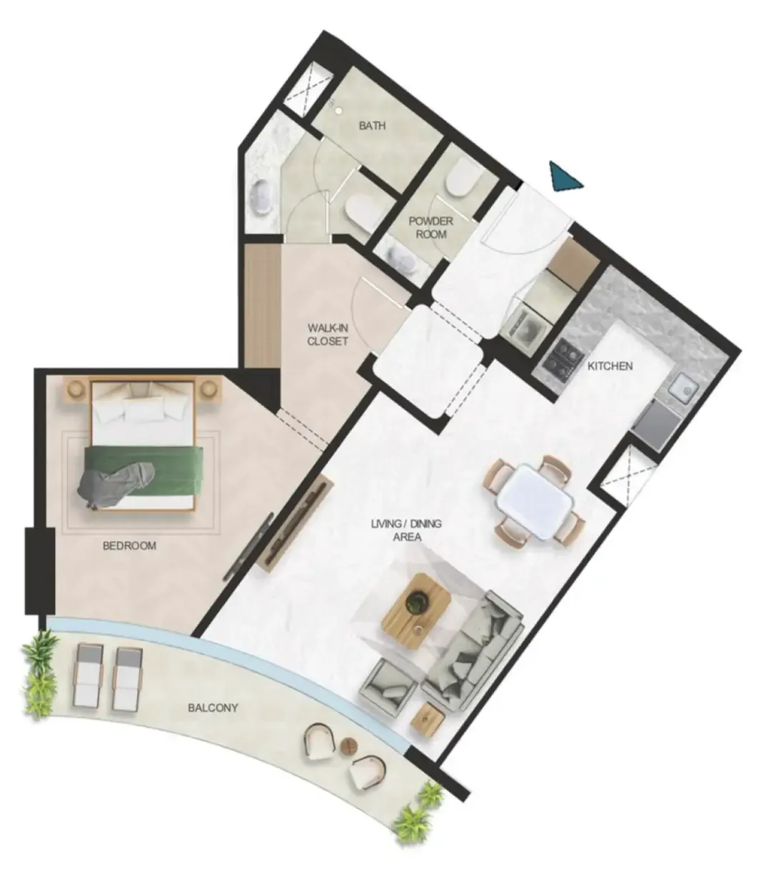 Oystra 1 bed floor plan, 845 sqft