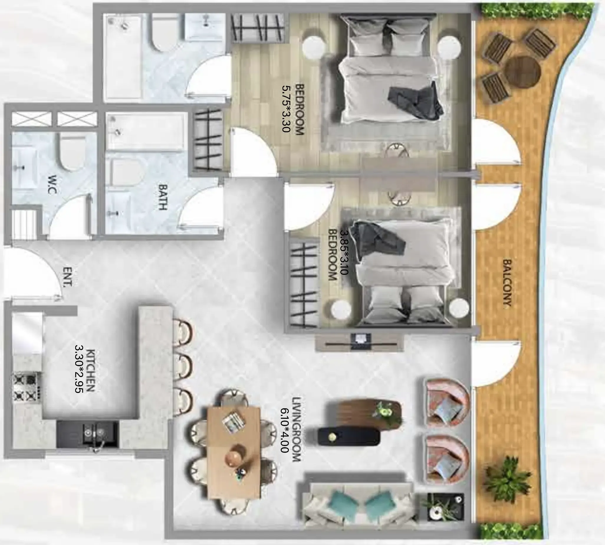 311 Boulevard 2 bed floor plan, 1,111 sqft