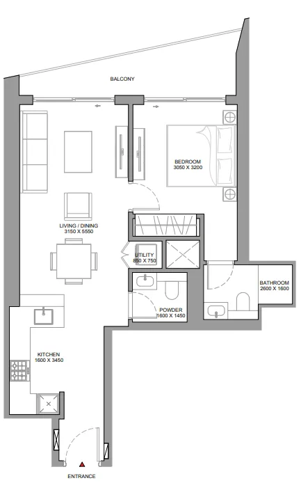 The Horizon at Sobha Central 1 bed floor plan, 744 sqft