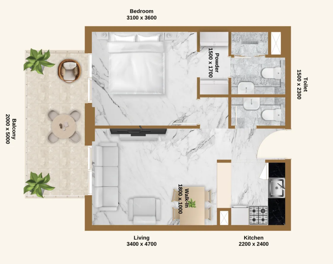 RR Residence 1 bed floor plan, 653 sqft